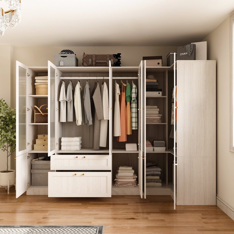 Red Barrel Studio Elegant L Shaped Corner Wardrobe With Frosted Glass Doors Metal Handles And Spacious Storage Multi Compartment Design For Clothes And Accessories Wayfair